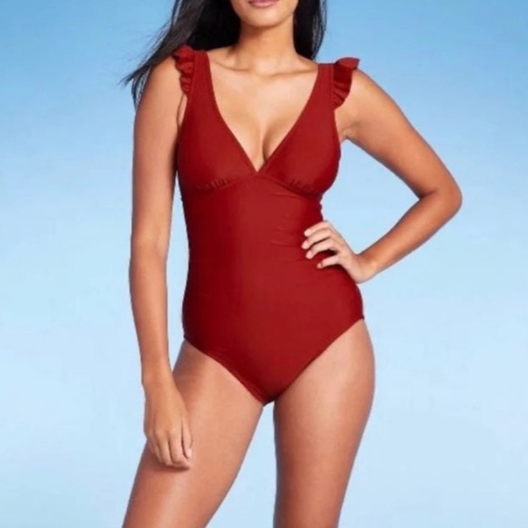 Kona Sol One Pc Ruffle Shoulder Swimsuit Sz 16W Ruched Brick Red - Picture 1 of 10
